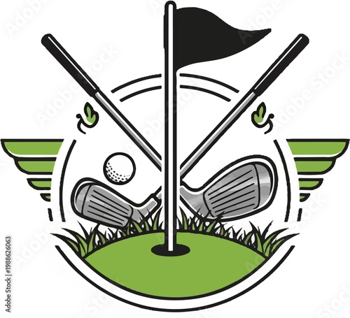 Emblem featuring crossed golf clubs, ball, flag, and green on a circular background