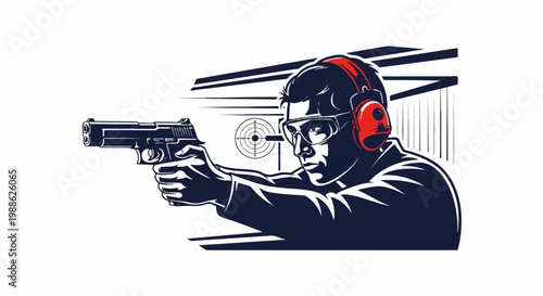 Man aiming a handgun at a target while wearing ear protection and safety glasses at a shooting range