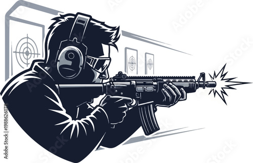 A person wearing headphones and glasses aims an automatic rifle at a shooting range with targets