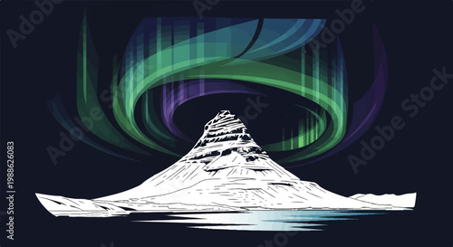 Majestic mountain bathed in ethereal aurora borealis and reflecting in calm waters