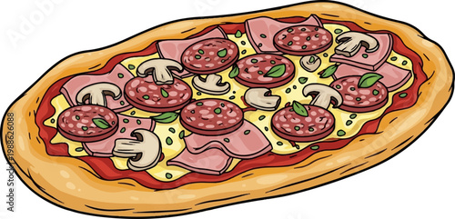 Oval pizza with pepperoni, ham, mushrooms, and herbs on a golden crust