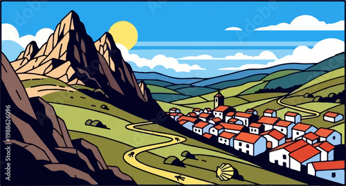 Stylized village nestled in a valley beneath jagged mountains under a bright sun