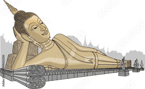 A serene, golden statue of a reclining Buddha rests on a tiered platform, adorned with ornate architectural elements