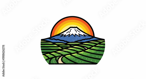 Stylized mountain scene with rainbow sun over green rolling hills and a winding path