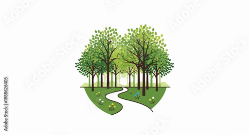 A winding path leads through a lush, green forest with small, colorful flowers