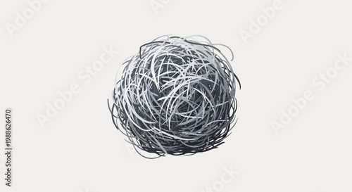 Abstract depiction of a tangled mass of grey, white, and black wispy strands