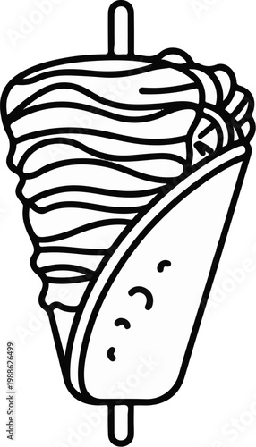 A simplified black and white outline drawing of a meat gyro on a spit, partially wrapped in flatbread