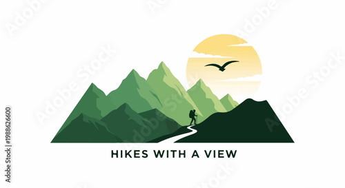 A silhouette hiker ascends a mountain path towards a golden sun, with a bird in flight