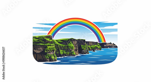 Green cliffs meet blue ocean under a vibrant rainbow and sky with clouds