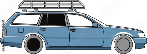A stylized blue station wagon with a roof rack, shown in profile against a white background