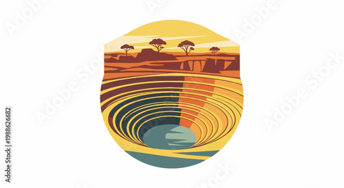 Stylized savanna landscape with a prominent vortex-like crater