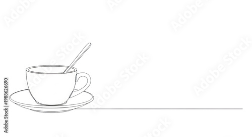minimalist black single-line illustration of a ceramic teacup, matching saucer, and slender spoon against a white background with copy space. concept for refined linear design
