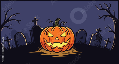 A spooky carved pumpkin with glowing eyes sits in a graveyard at night
