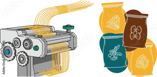 Pasta machine extruding spaghetti, next to colorful bags of dried pasta shapes