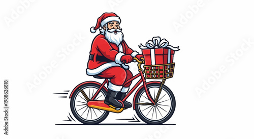 Santa rides a bicycle with a gift in the basket, conveying festive cheer