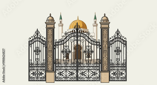 Ornate gates lead to a domed building with minarets, in a classic architectural style