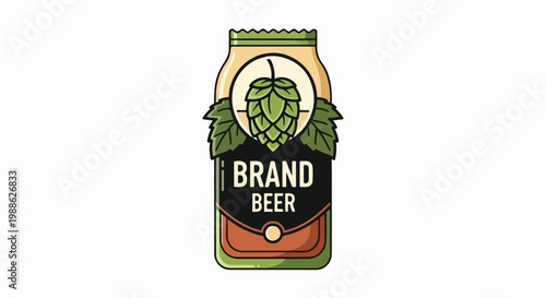 Stylized illustration of a beer bottle label featuring a hop cone and leaves