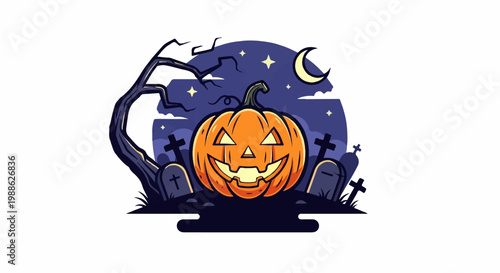 A spooky Halloween scene with a carved pumpkin, moon, stars, and gravestones under a dark sky