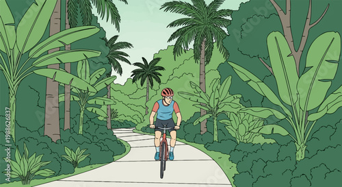 Cyclist rides along a winding path through lush tropical foliage and palm trees