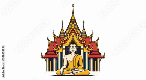 A serene depiction of a meditating Buddha sits before a vibrant, multi-tiered temple structure