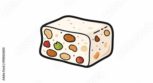 A delightful cartoon depiction of a nougat bar, laden with a variety of nuts and dried fruit pieces