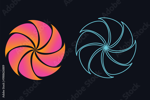 Abstract swirl circular logo with gradient pinwheel shape and neon outline variation