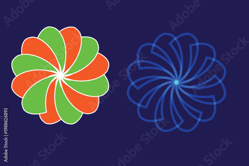 Abstract floral swirl logo with colorful petal shapes and neon outline flower design