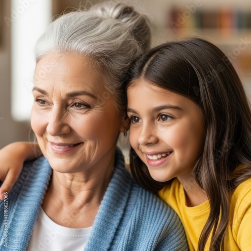 A close-up shot captures the heartwarming bond between a loving grandmother and her happy granddaughter sharing a tender moment together