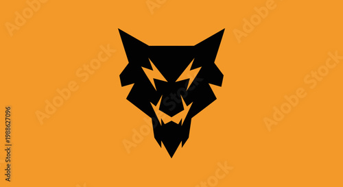 Minimalist black wolf head logo with lightning eyes on orange