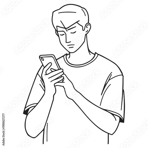 Social Media Addiction Concept Minimal Line Art Person Using Smartphone Vector Illustration on white background.
