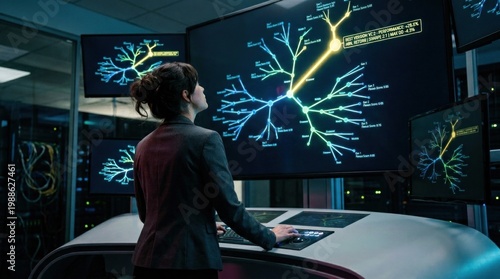 A woman in a business suit interacts with a futuristic computer interface displaying a neural network diagram.