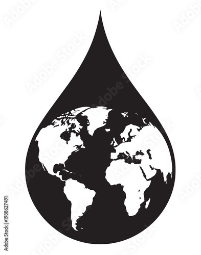 Conceptual graphic of the earth globe inside a large water drop for environmental awareness art