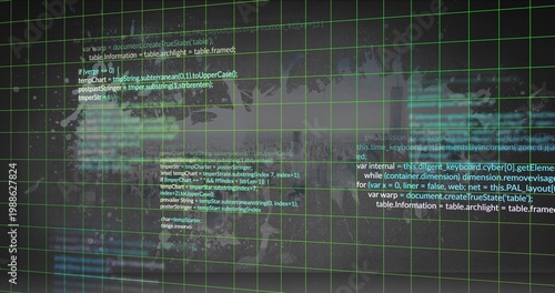 Glowing neon green grid spreading across HUD backdrop, showing floating code panels and cyan glow