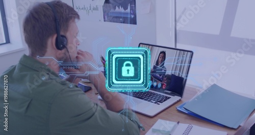 Joining man at desk with headset after incoming call, discussing security with lock overlay