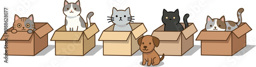 Cute cats and a dog in cardboard boxes with a playful cartoon style