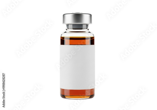 Glass pharmaceutical vial with amber medicine and a blank white label on a transparent background with a soft reflection. Concept of healthcare innovation