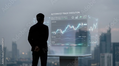 A businessman analyzing a digital stock market graph in a modern city