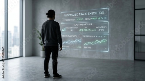 A man in a modern room looking at a digital projection of automated trade execution data