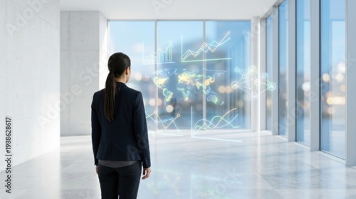 A businesswoman looking out at a futuristic cityscape with graphs and charts