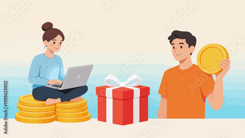 Two people with laptop coins and gift