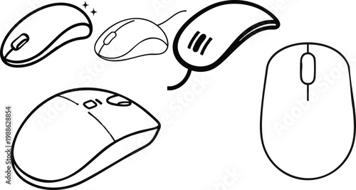 Vector Icon of a Computer Mouse in Curved Shape, Outline Style, Minimal, White Background