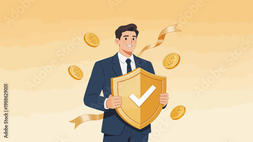 Businessman with shield and coins