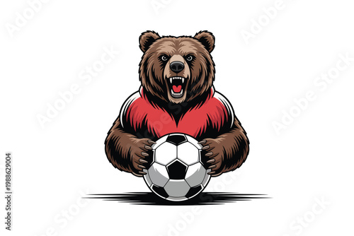 A fierce brown bear mascot displays a soccer ball prepared for action perfect for sports branding on transparent background high-quality.