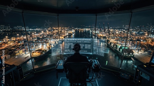 A man sits in a control room overlooking a city at night