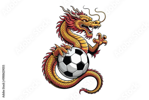 A vibrant yellow dragon fiercely guards a black and white soccer ball coiled in a dynamic pose on transparent background.