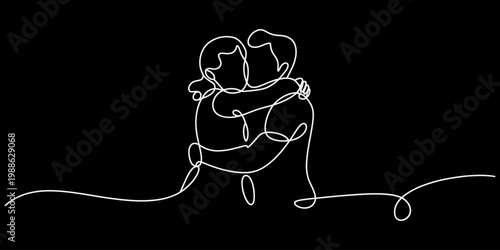 Minimalist continuous line art illustration of a man and woman sharing a tender embrace