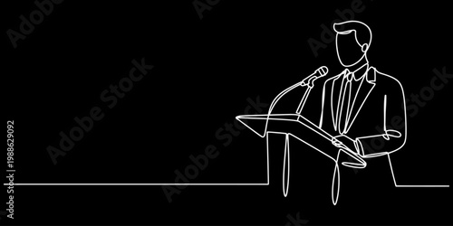 Continuous line drawing of a businessman in a suit giving a speech at a podium with a microphone