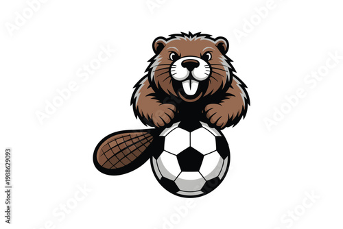 A cartoon beaver cheerfully balances on a soccer ball displaying a playful attitude perfect for mascots on transparent background high-quality.