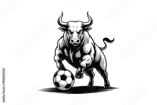 A powerful black and white illustration depicts a muscular bull poised to strike a soccer ball ideal for sports branding on transparent background.