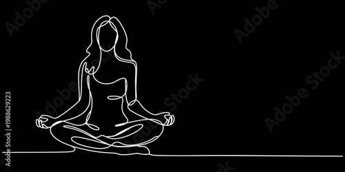 Minimalist continuous line art of a woman sitting in a lotus yoga pose for meditation